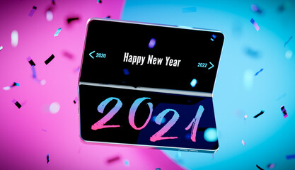 Wall Mural - happy new year 2021 application concept on foldable smartphone 3d illustration - pink and blue backg