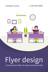 Wall Mural - Happy pupils studying in classroom isolated flat vector illustration. Cartoon children characters sitting at tables in school lesson. Study, exam and interior clipart concept