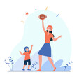 © PCH.Vector - Mom and son playing football. Mother and kid in helmets throwing and catching ball flat vector illustration. Motherhood, family, activity concept for banner, website design or landing web page