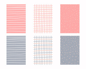 Poster - Modern hand drawn set of geometric patterns in pastel colors. Horizontal and vertical stripes and grid. Cute Infantile Repeatable design
