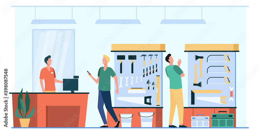 Happy men choosing and buying hardware isolated flat vector ...
