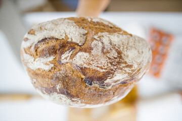 Female hand holding bread above ingredients on a table