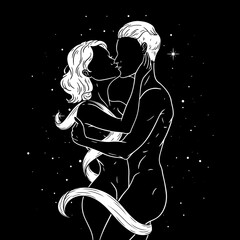 Woman and man kissing, beautiful sensual couple in love on space background. Vector illustration