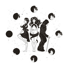 Canvas Print - Three women figures, symbol of Triple goddess as Maiden, Mother and Crone, moon phases. Hekate, mythology, wicca, witchcraft. Vector illustration