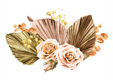 Composition Of Dried Rose Flowers And Palm Leaves
