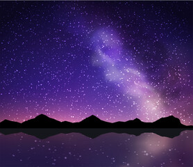 Vector background with realistic night landscape. Night sky with milky way 