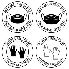 Safety gloves are required. Face mask required warning, prevention sign. Do not enter without face covering and gloves. Mask is required round symbol. Preventing virus spread concept. Vector