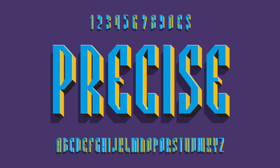 Poster - Precise alphabet with numbers of blue yellow black 3d letters with shadow. Volumetric display font. Vector isolated english alphabet.