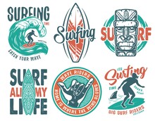 Summer Surfing Print Set With Surfer On Wave. Shaka, Tiki Mask And Surfboard. Vector Colored T-shirt Hawaii Apparel Design