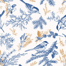 Blue Seamless Pattern With Birds.