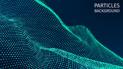 Poster - Particles structure. 3d futuristic backdrop for research article. HUD elements. Blockchain, artificial intelligence, big data technology. Data base, hybrid energy and binary code. Vector illustration