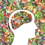 Fototapeta  - Organic Fruits and vegetables, around and inside human's brain profile