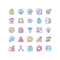 Sticker - Interface RGB color icons set. Downloading and uploading different personal data. Print your text documents. Sending messages. Isolated vector illustrations