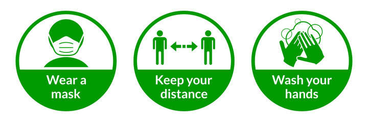 Poster - Set of Round Coronavirus Covid-19 Instruction Sticker Icons including Wear a Mask, Keep Your Distance and Wash Your Hands. Vector Image.