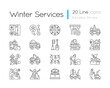 Snow removing services linear icons set. Clearing city after strong snowfall. Plow truck company. Customizable thin line contour symbols. Isolated vector outline illustrations. Editable stroke