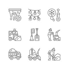 Sticker - Winter city services linear icons set. Icicle removal from building roofs. Christmas lights fot tree. Customizable thin line contour symbols. Isolated vector outline illustrations. Editable stroke