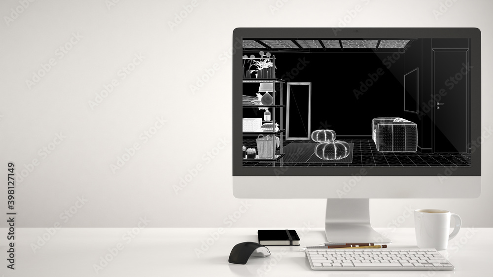 Architect house project concept, desktop computer on white background ...