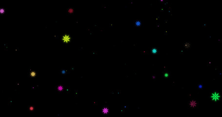 Wall Mural - 3D Illustration realistic winter snow fall with rainbow LGBT snowflake shape Christmas xmas overlay twinkling sparkling stars space in isolated black elegant luxury green night sky background