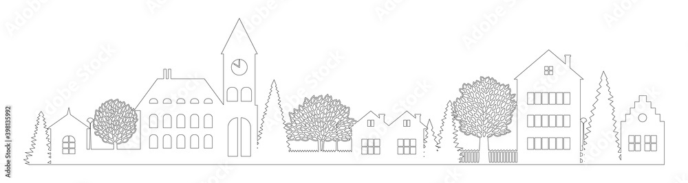 Vetor Small Town silhouette cutout skyline with chapel houses trees ...