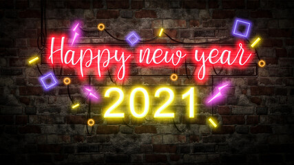 Wall Mural - Happy new year neon light on Brick wall bcakground