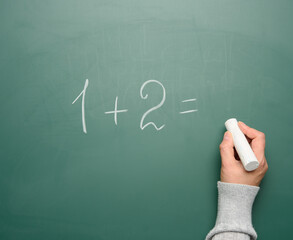 math example written in white chalk on a green chalk board and a woman's hand with white chalk