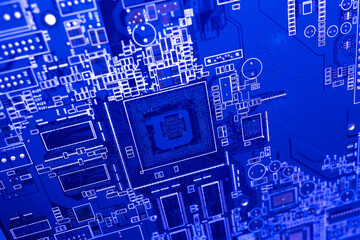 Poster - pcb background. pcb in blue neon light. microchip close-up. pcb background with white lines. texture