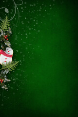 Wall Mural - Green Christmas background with snowman, pine branches, holly berries and snowflakes. Xmas background