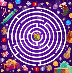 Aufkleber - Kids game labyrinth, Christmas maze with gifts, decorations and sweets. Gingerbread cookies, candy cane and Christmas stocking, wrapped presents, snowflakes and decor ornaments cartoon vector