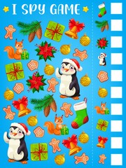 Aufkleber - I spy game or puzzle with Christmas gifts vector template of children education. Find and count mind game, logic riddle or worksheet with Xmas bell, winter holiday present box, stocking and Santa hat