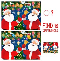 Poster - Christmas vector game of find or spot differences with Santa cartoon characters. Children education mind game, puzzle or worksheet template with Claus, Christmas tree and bell, Xmas stocking and snow