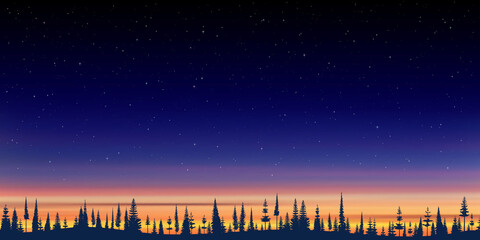 Wall Mural - forest on the horizon and stars in the sunset sky. vector illustration.