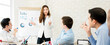 Leinwandbild Motiv Panoramic banner image of young Asian woman leader presenting financial statistic charts to colleagues in the meeting