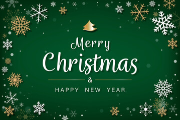 Wall Mural - merry christmas and happy new year text with white and gold snowflake on green background