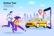 © 365 days studio - Online taxi for travelers. An excited tourist couple with backpacks runs to catch a cab they booked on a mobile app. Concept for urban adventure, city exploration, and on-demand travel service.