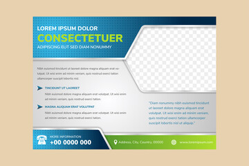 Poster - abstract geometric flyer template use blue and green gradient for element and white grey background. half hexagon shape for photo space with line border. horizontal layout with dot pattern.