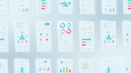 Creative design of yoga application. Neumorphism. Hi tech panel. Fitness and exercise concept. UI, UX, GUI mobile screens modern infographic. Loop animation.