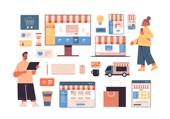 Poster - people using online shopping applications on digital devices internet business icons set e-commerce 