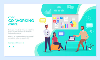 Poster - Co working people webpage, business meeting, teamwork, collaboration and discussion, conference table, brainstorm. Cozy coworking center landing page template. Office space for communicate colleagues