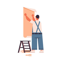 professional worker in uniform glues wallpaper to wall home maintenance repair renovation concept isolated full length vector illustration