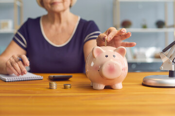 Senior woman trying to save up money, managing her budget and planning expenses