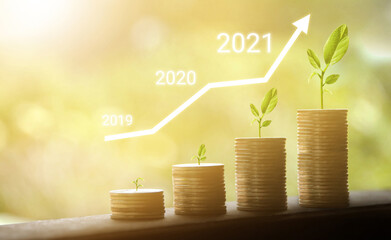 Growth from years 2019 to 2021. Business graph with arrow up. Growing money coins stack.