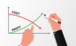 Business hand drawing graphs profit growth vs cost reduction vector illustration.