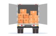 Moving House. Open delivery truck with cardboard boxes. Express delivering services commercial truck. Fast and free delivery by car. Vector illustration in flat style