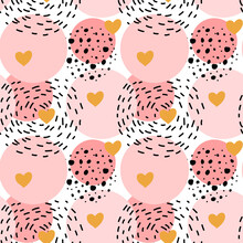 Cute Seamless Pattern Polka Dot Abstract Ornament Decorated Golden, Pink, Black Hand Drawn Circles, Round Shapes Vector.