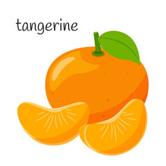 Wall Mural - Whole tangerine with leaves and two slices next to each other. Fruit, berry icon. Flat design. Color vector illustration isolated on a white background