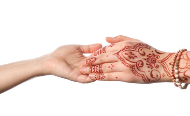 Wall Mural - Beautiful female hands with henna tattoo on white background