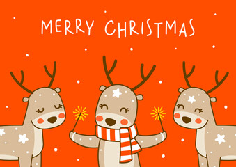 Sticker - Cute little deers on red background - cartoon characters for funny Christmas and New Year winter greeting card design