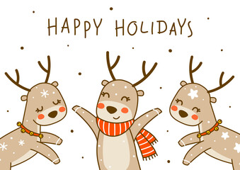 Sticker - Cute little deers isolated on white background - cartoon characters for funny Christmas and New Year winter greeting card design