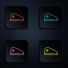 Poster - Color neon line Military beret icon isolated on black background. Soldiers cap. Army hat. War baret. Set icons in square buttons. Vector.