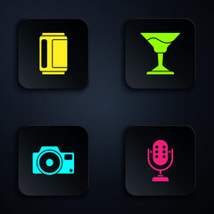 Sticker - Set Microphone, Beer can, Photo camera and Cocktail. Black square button. Vector.